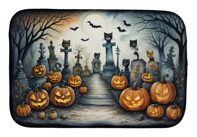 Cat Cemetery Spooky Halloween Dish Drying Mat